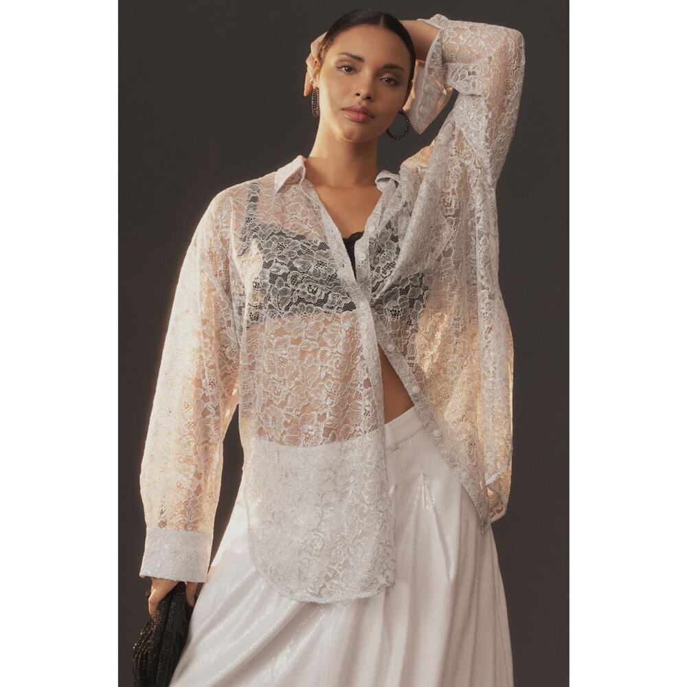 Anthropologie Metallic Lace Button Down Long Sleeve Shirt Silver X-Small